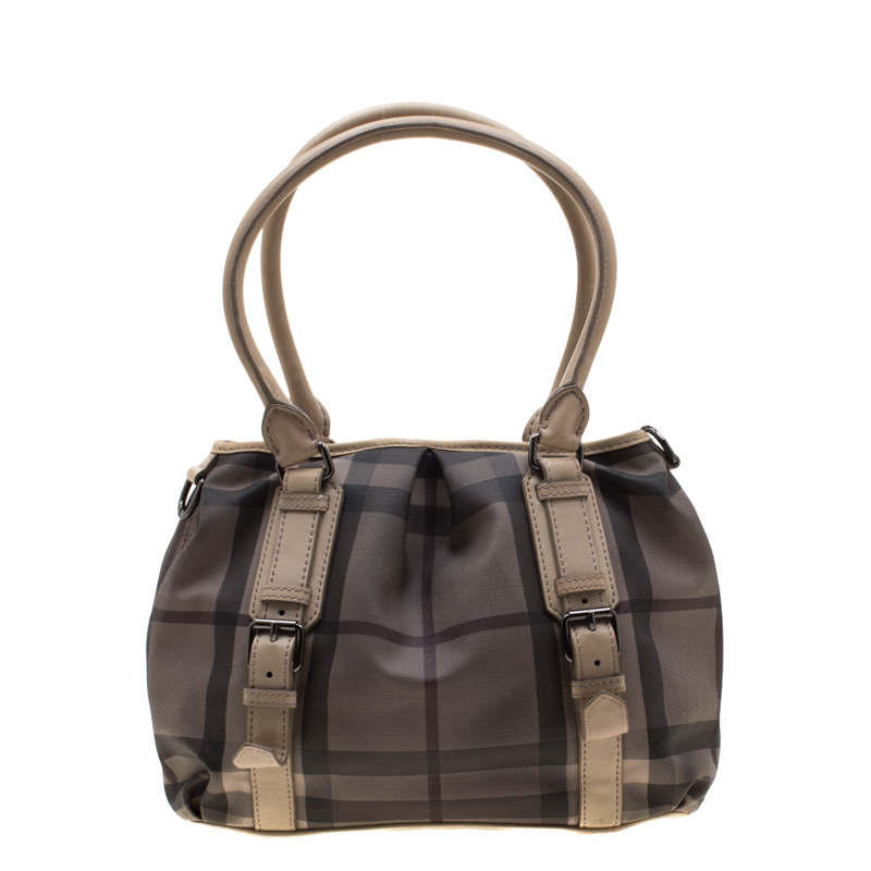 Pre Owned Burberry Beige PVC and Leather New Check Lowry Tote Bag