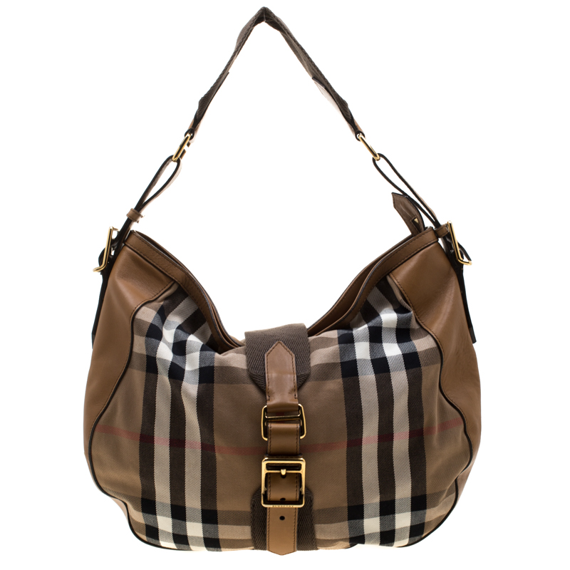 Burberry Brown House Check Canvas and Leather Buckle Hobo 