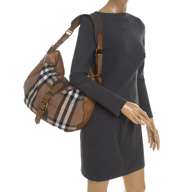 

Burberry Brown House Check Canvas and Leather Buckle Hobo