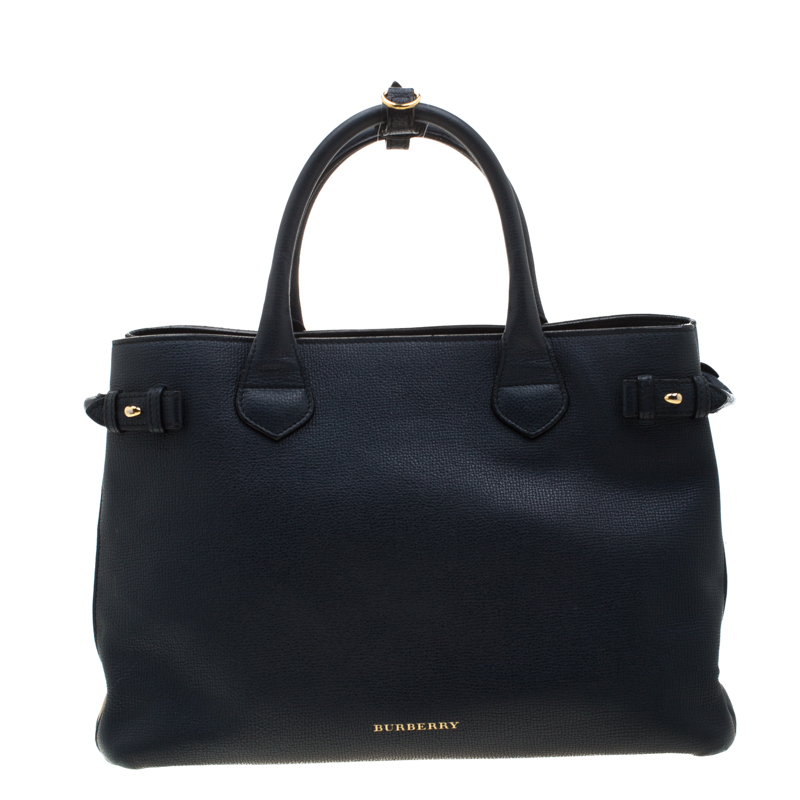 Pre Owned Burberry Navy Blue Leather and House Check Fabric Medium Banner Tote