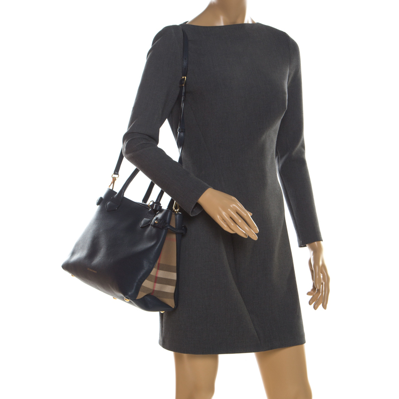 

Burberry Navy Blue Leather and House Check Fabric Medium Banner Tote