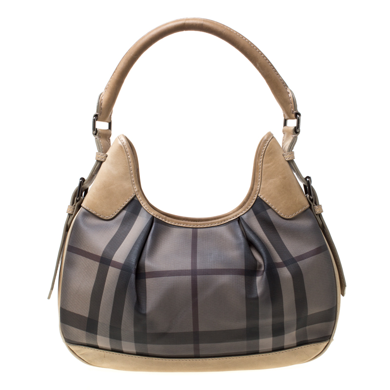 Pre Owned Burberry Beige Nova Check Coated Canvas Small Brooklyn Hobo
