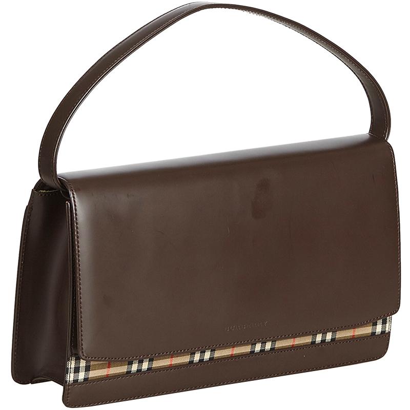 

Burberry Brown Plaid Leather Baguette Shoulder Bag