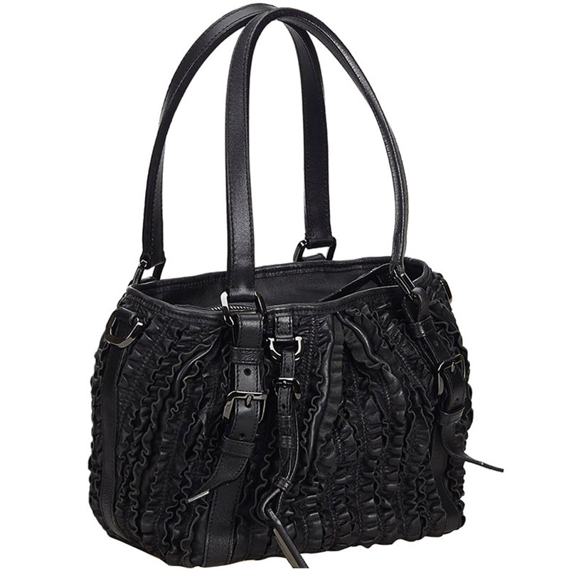 

Burberry Black Leather Lowry Ruffled Tote