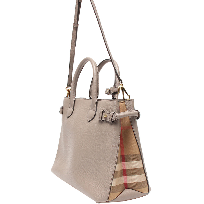 

Burberry Light BrownLeather and House Check Fabric Medium Banner Tote, Brown