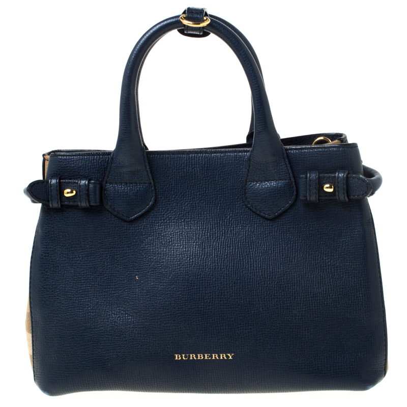 Pre Owned Burberry Navy Blue Leather and House Check Fabric Small Banner Tote