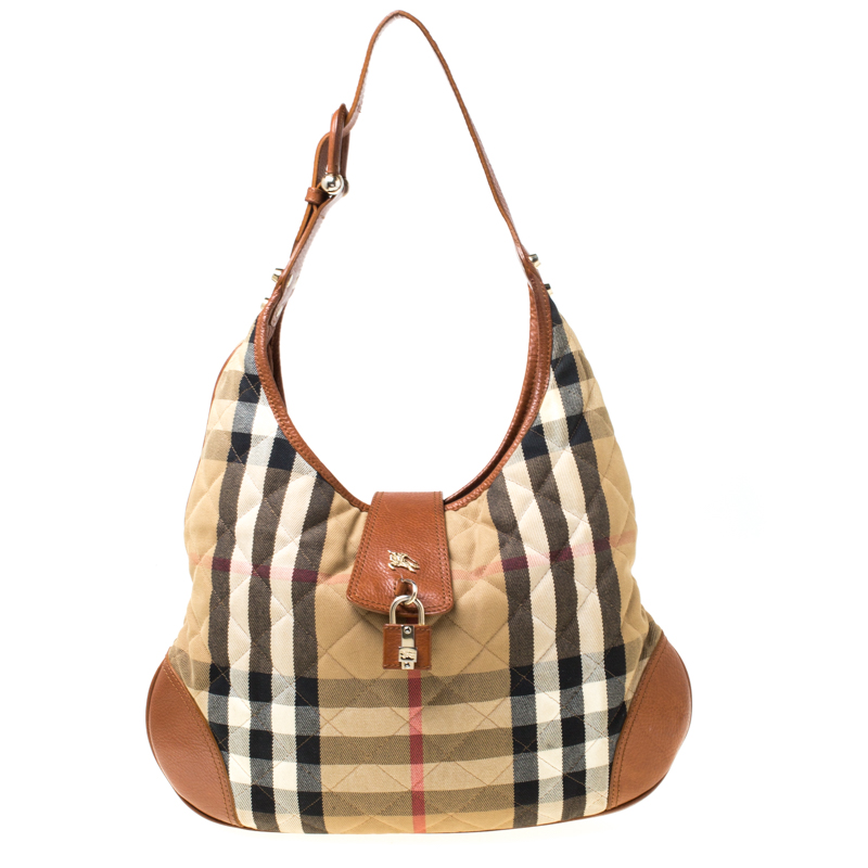 Pre Owned Burberry Beige/Tan Quilted House Check Canvas and Leather Brooke Hobo