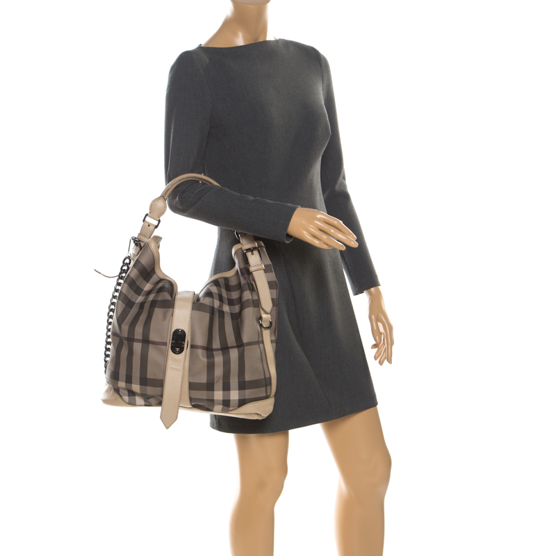 

Burberry Beige Check Canvas and Leather Large Chain Hobo