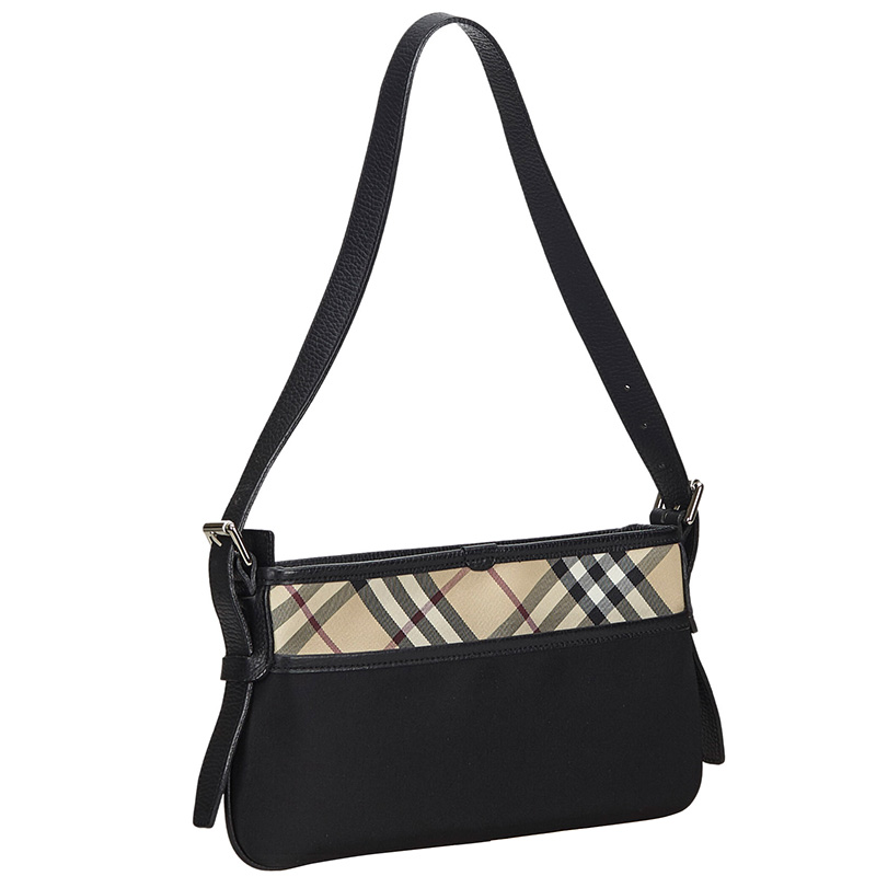 Burberry Black Nylon House Check Baguette Bag