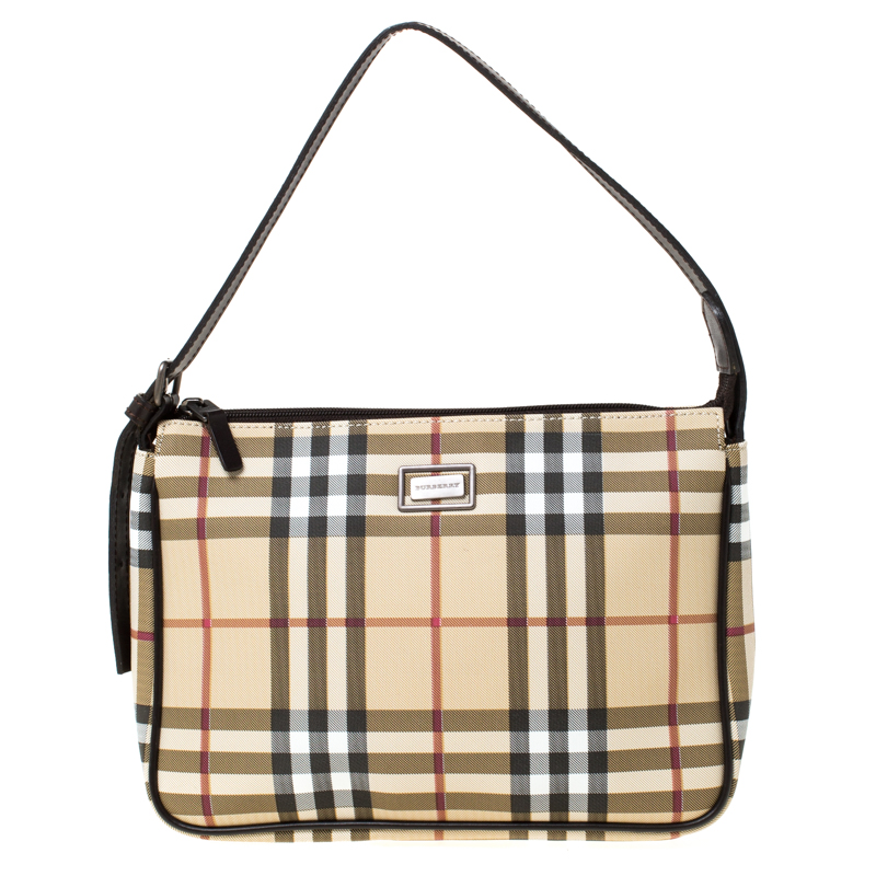 Pre Owned Burberry Beige/Brown Haymarket Check Canvas and Leather Shoulder Bag