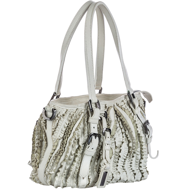 

Burberry White Leather Lowry Ruffled Tote