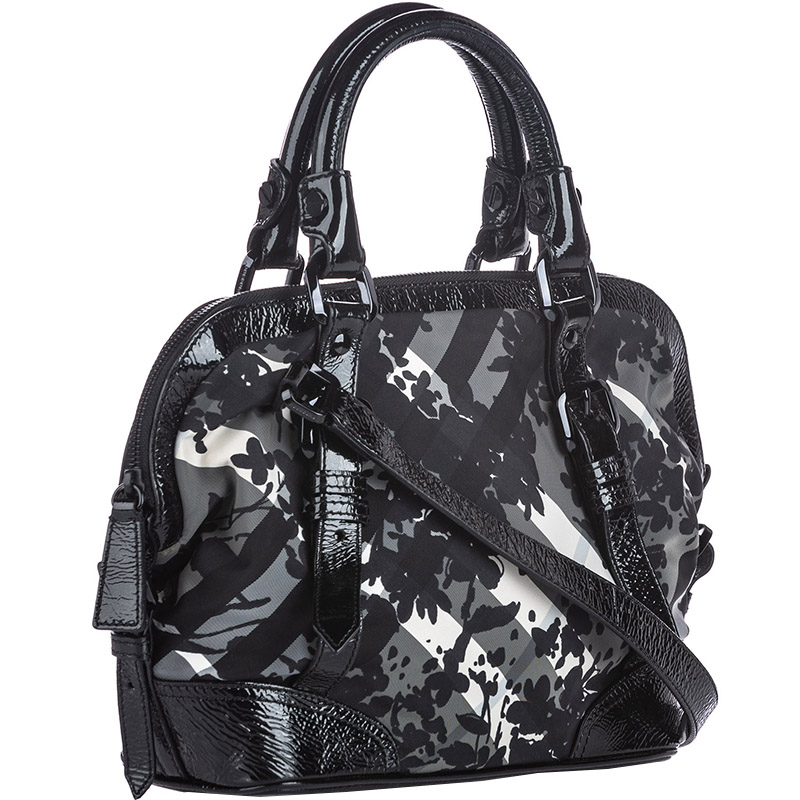 

Burberry Black Leather And Beat Check Printed Nylon Satchel