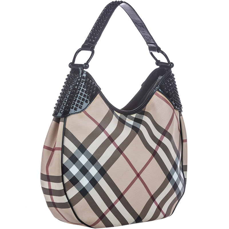 

Burberry Beige/Black Nova Check Canvas And Patent Leather Hobo Bag