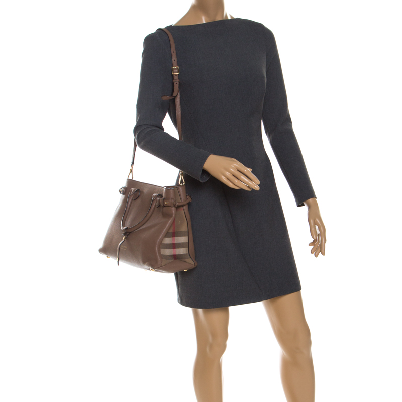 

Burberry Brown Leather and House Check Fabric  Banner Tote