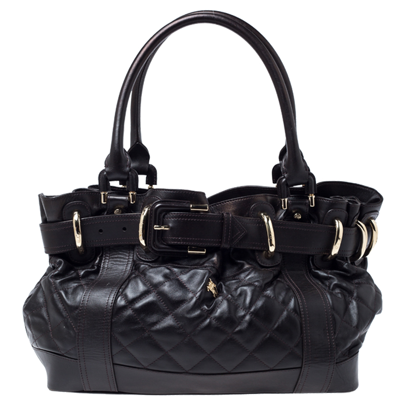 Pre Owned Burberry Dark Brown Quilted Leather Large Beaton Tote
