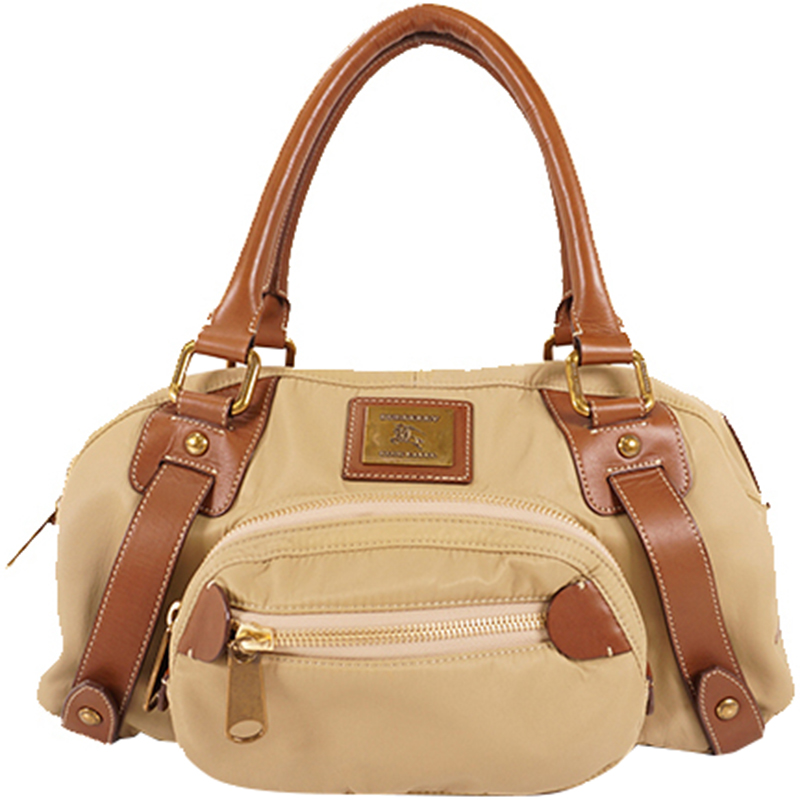 Pre Owned Burberry Beige/Brown Leather Canvas Boston Bag 