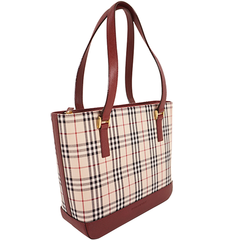 

Burberry Beige/Bordeaux Canvas Leather Check Tote Bag