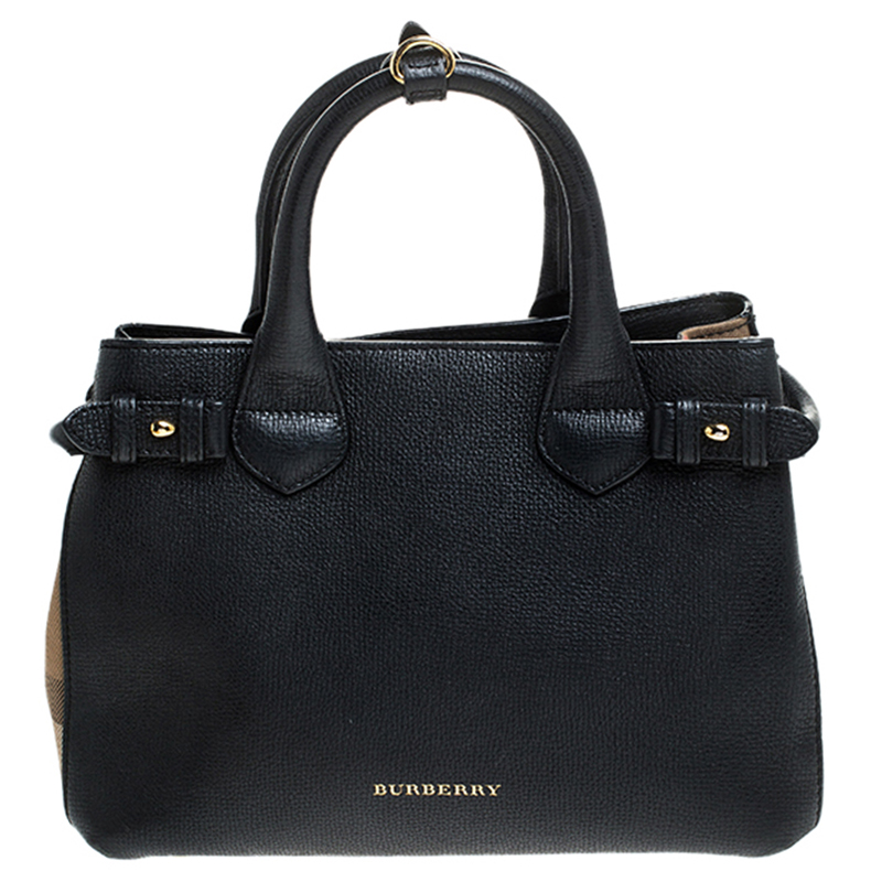 مملوكة مسبقًا Burberry Black Leather and House Check Fabric Small Banner Tote