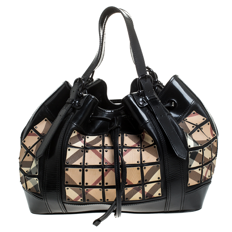 Pre Owned Burberry Black Nova Check Canvas and Patent Leather Large Warrior Armor Hobo   