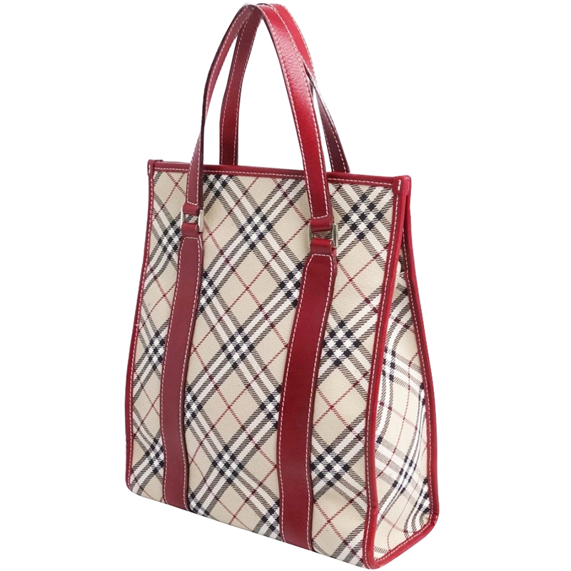 

Burberry Beige/Red Canvas Leather Blue Label Tote Bag