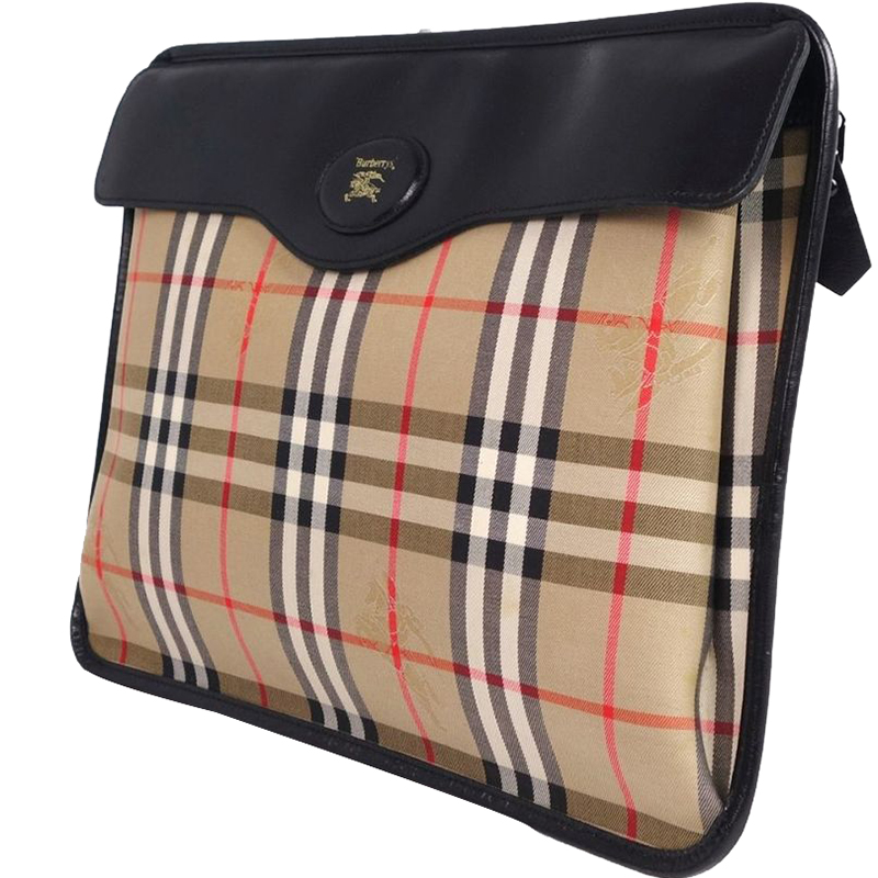 

Burberry Beige Canvas Leather Horse Ferry Check Clutch Bag