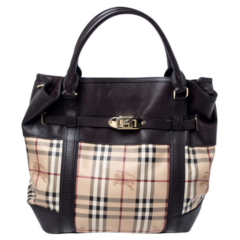 Pre Owned Burberry Beige/Brown Haymarket Check Coated Canvas and Leather Willenmore Tote