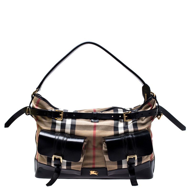 Pre Owned Burberry Black/Beige Nova Check Fabric and Leather Front Pocket Buckle Hobo