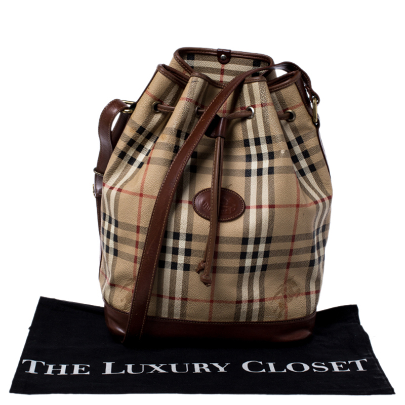 Burberry Beige/Brown Haymarket Check Canvas and Leather Drawstring Bucket Bag  Burberry | TLC