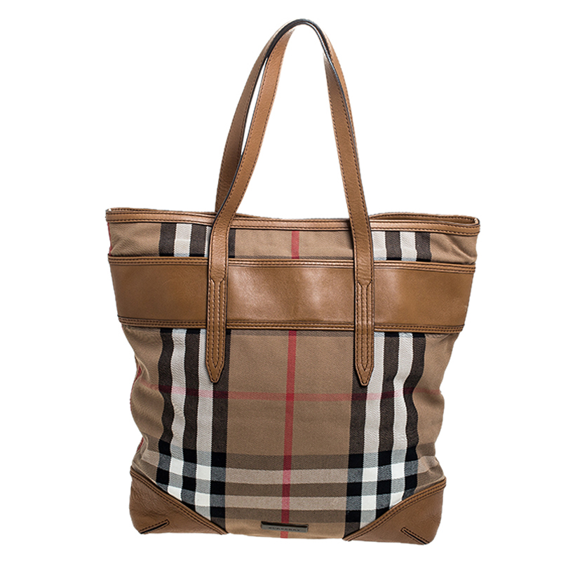 Pre Owned Burberry Beige Canvas and Leather Nova Check Shopper Tote