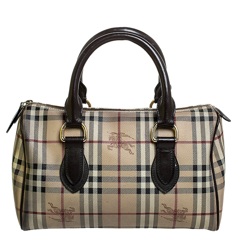 Burberry Beige/Brown Haymarket Check Coated Canvas and Leather Boston Bag
