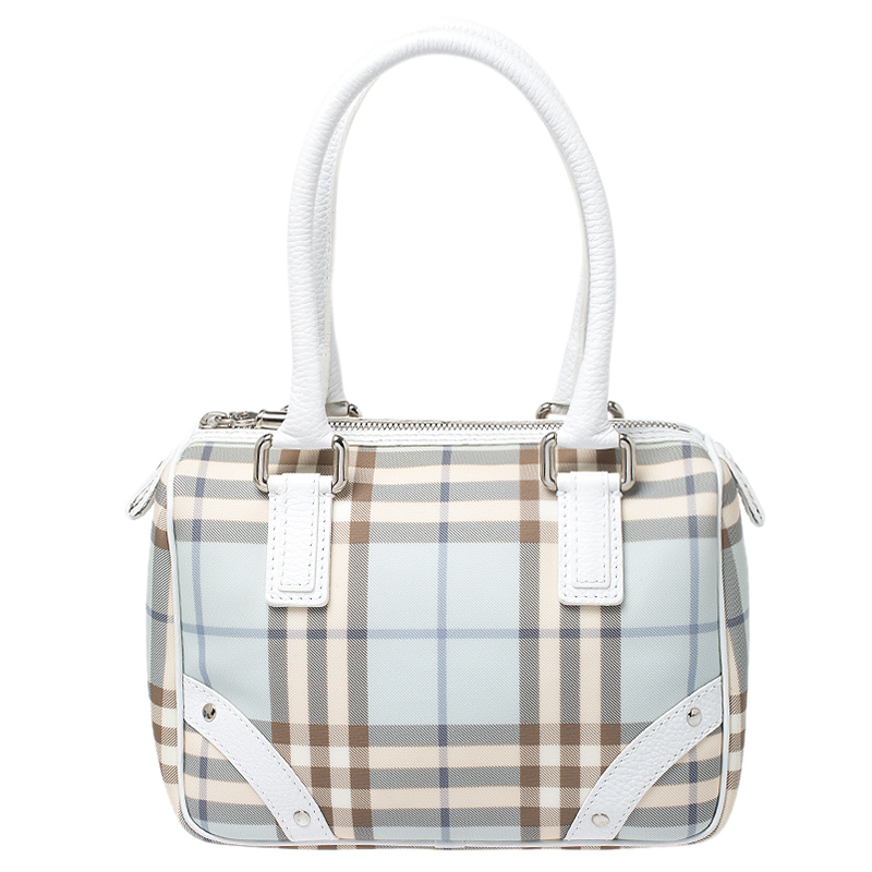 Pre Owned Burberry White/Blue Nova Check PVC Small Chester Boston Bag