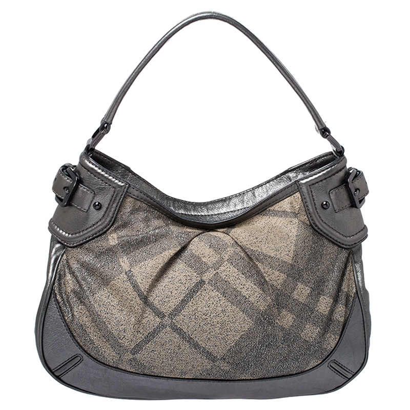 Pre Owned Burberry Grey Shimmer Check Canvas Medium Fairby Hobo Bag