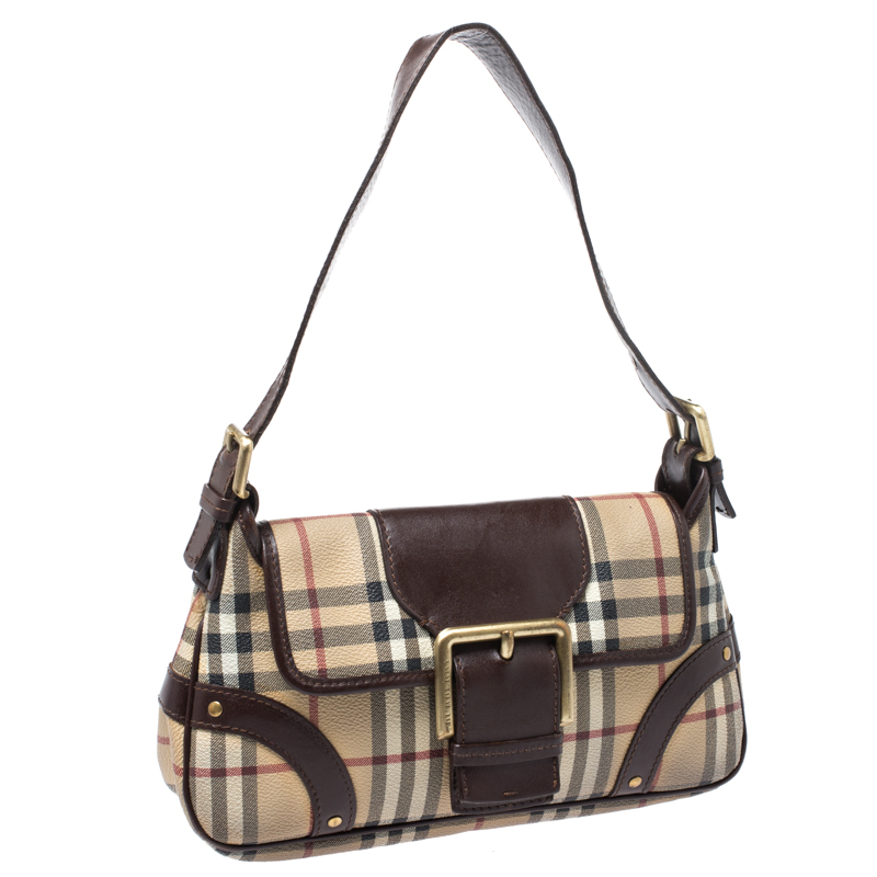 Burberry Brown/Beige Haymarket Check PVC and Leather Buckle Flap