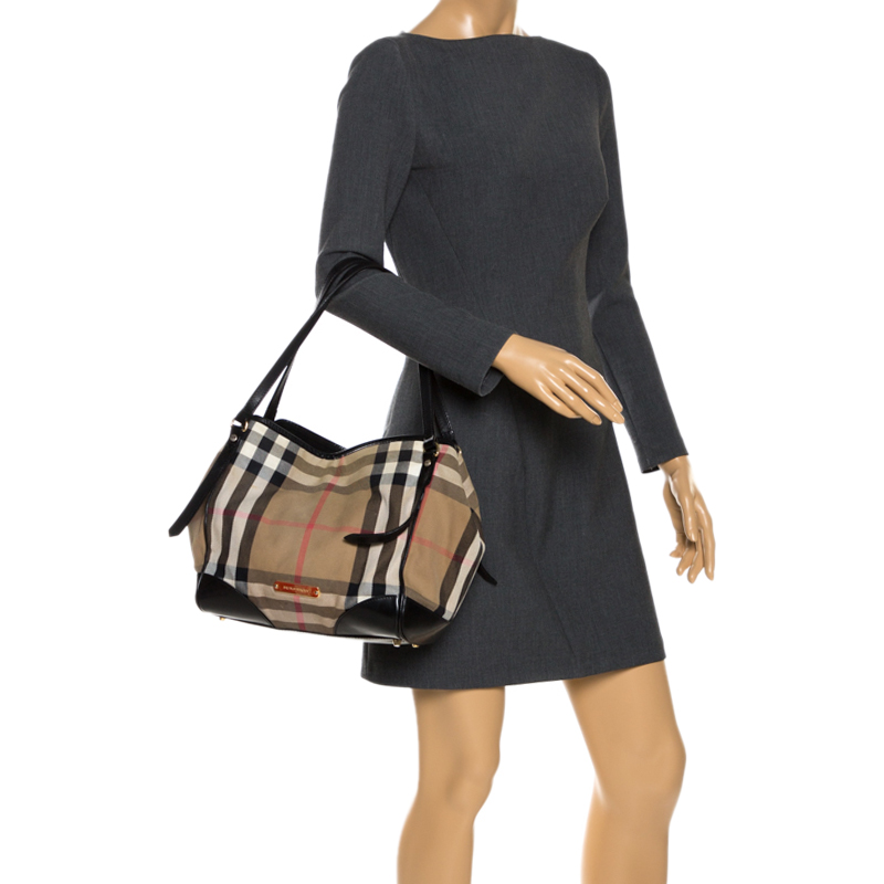 

Burberry Black/Beige House Check Canvas and Leather Bridle Tote