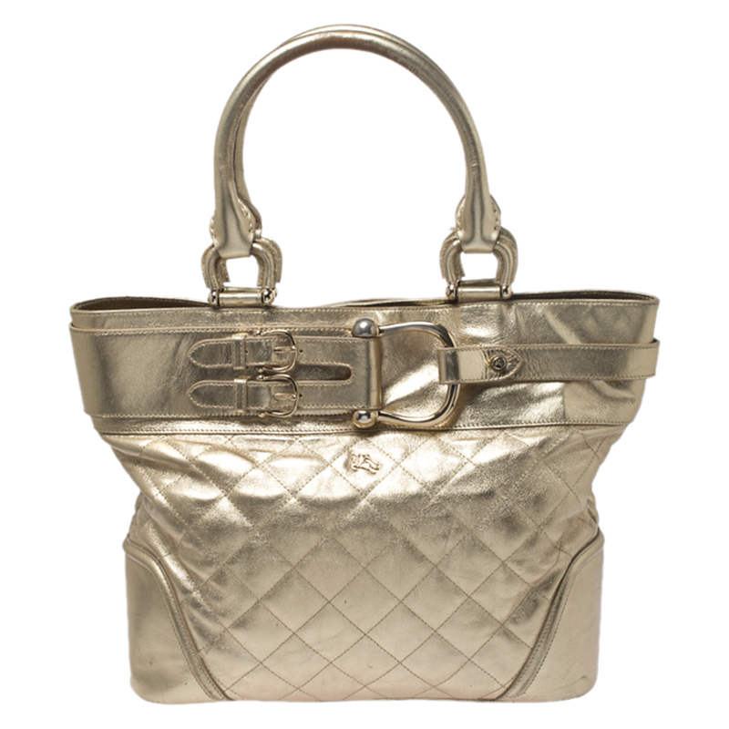 Pre-owned Burberry Gold Quilted Leather Hillgate Tote
