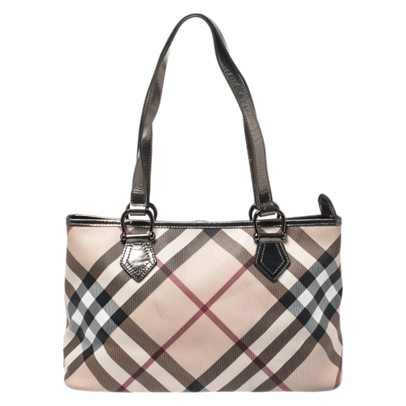 Pre-owned Burberry Beige/metallic Nova Check Pvc And Patent Leather Regent Tote