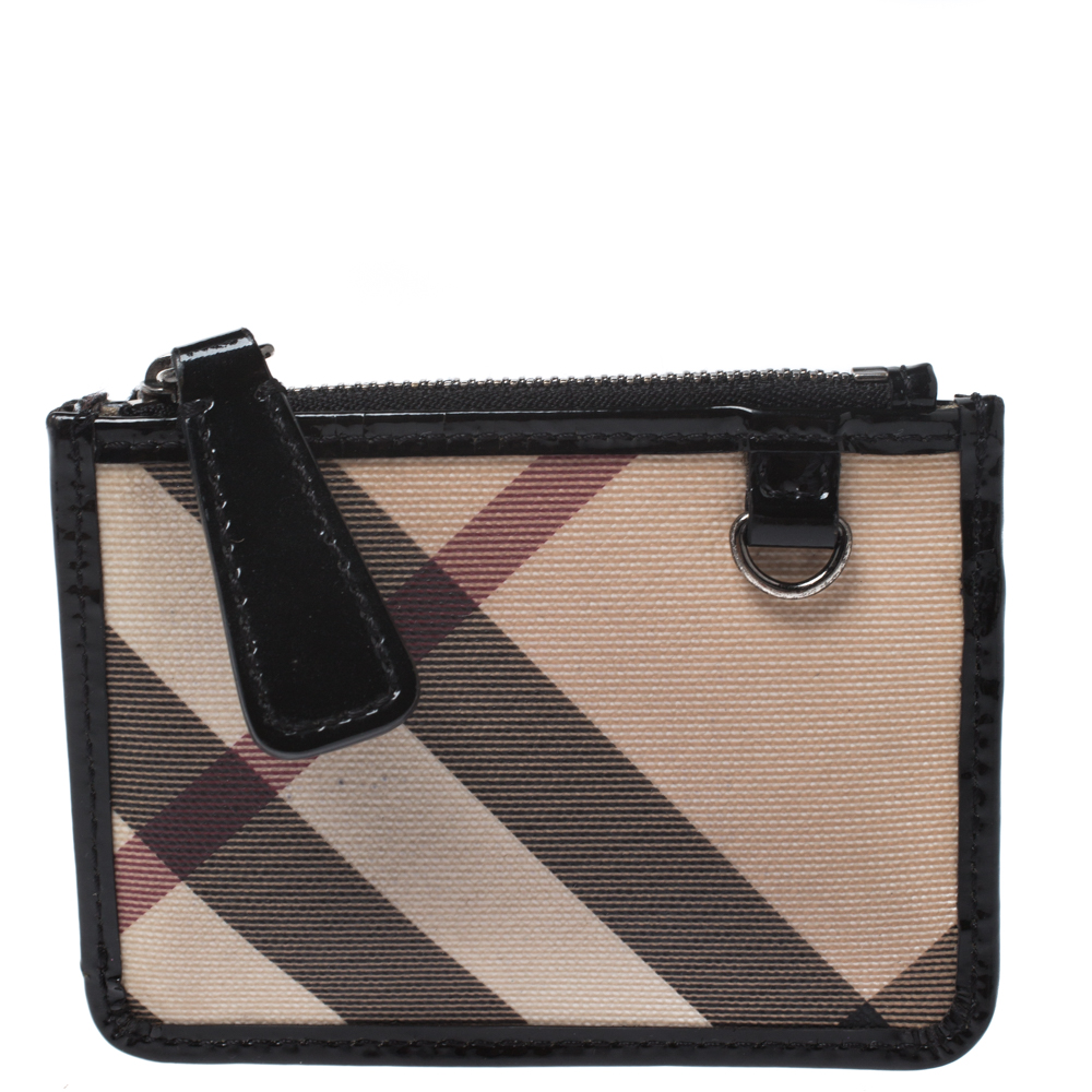Pre Owned Burberry Beige/Black Nova Check Canvas and Patent Leather Zip Card Case