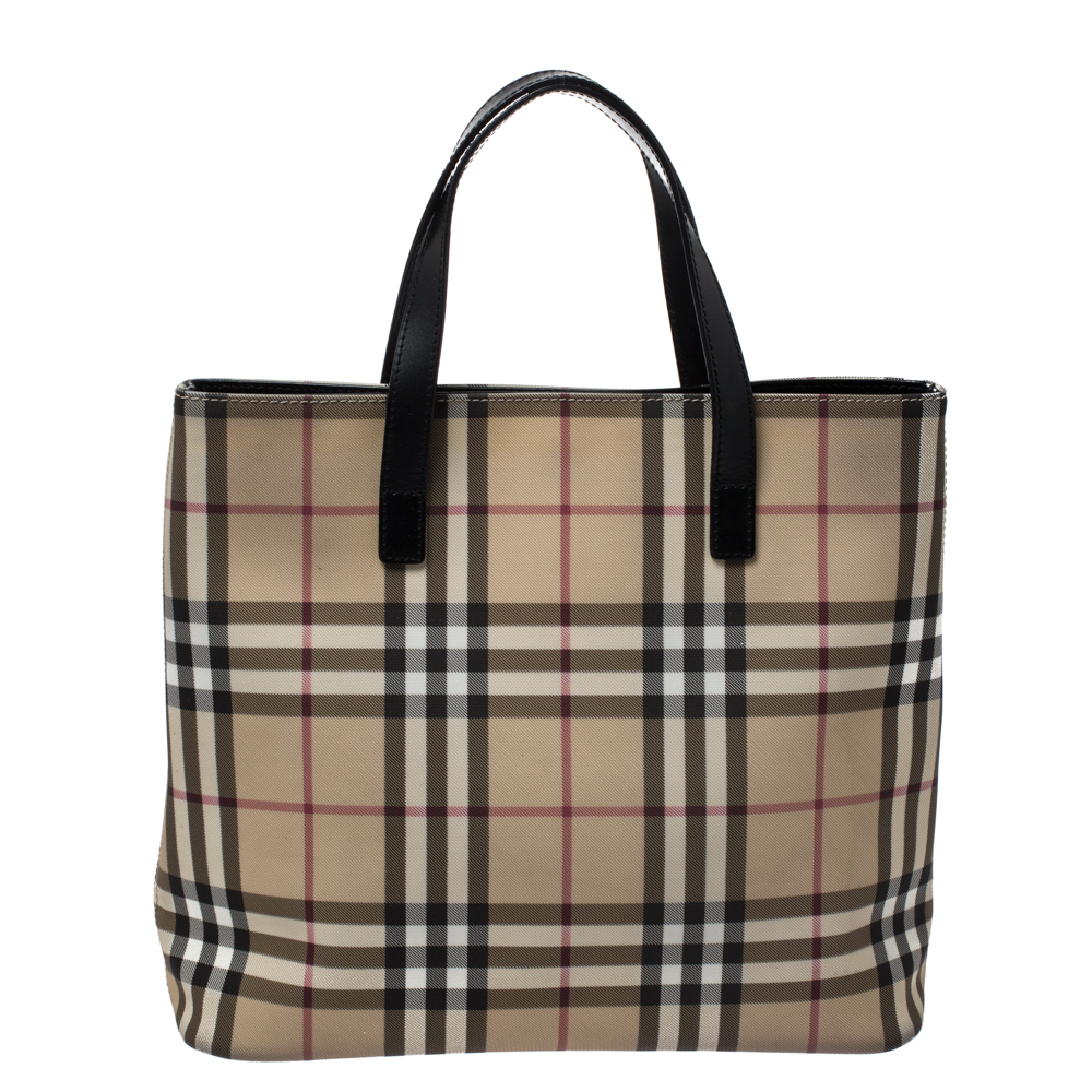 Pre-owned Burberry Beige/black House Check Pvc And Leather Tote | ModeSens