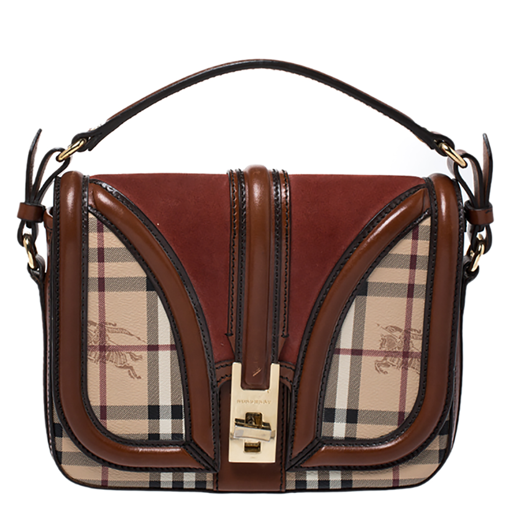 Pre-owned Burberry Beige/tan Haymarket Check Coated Canvas/suede And Leather Small Brickfield Crossbody Bag