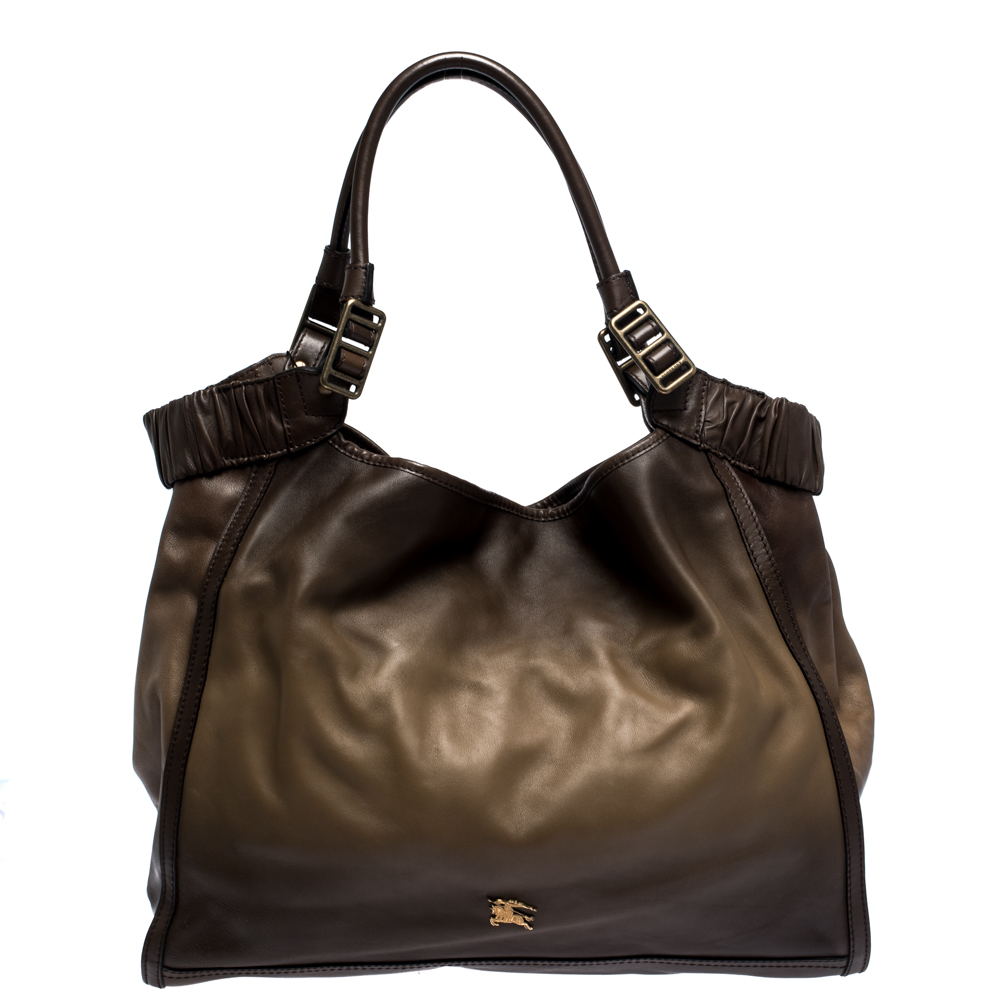 Pre Owned Burberry Brown Ombre Leather Shopper Tote