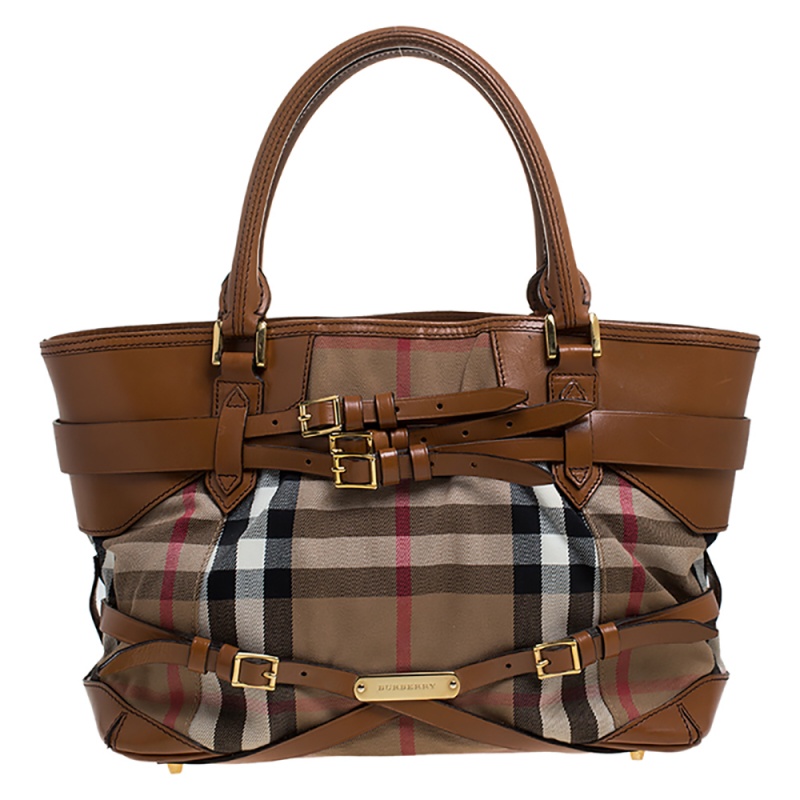 Burberry Brown House Check Canvas and Leather Medium Bridle Lynher Tote ...