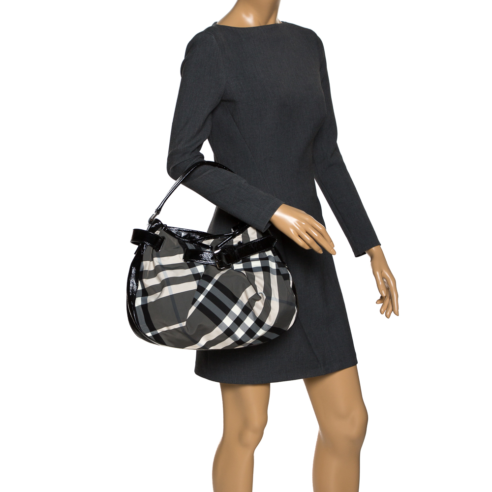 

Burberry Grey/Black Smoked Check Nylon and Patent Leather Hobo