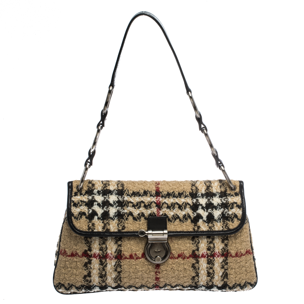 Pre Owned Burberry Beige House Check Tweed and Leather Flap Shoulder Bag