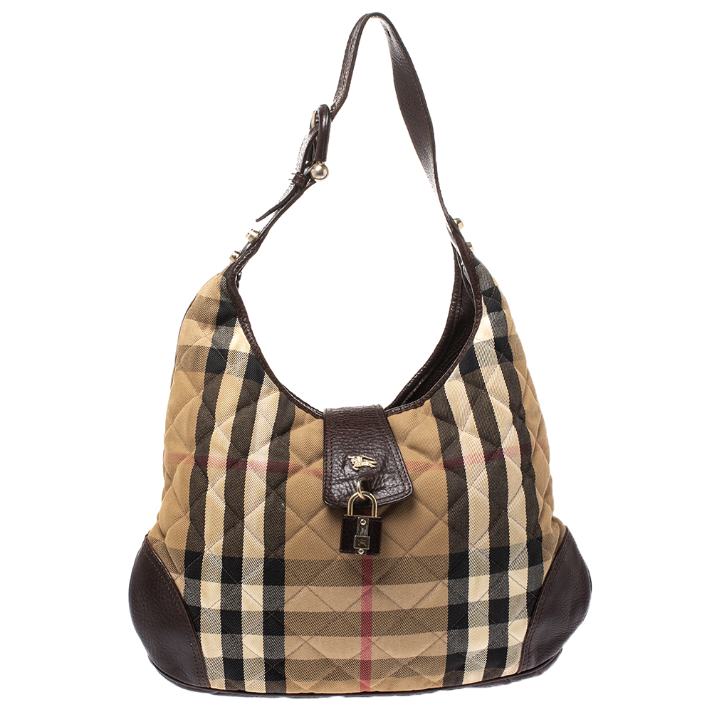 Pre Owned Burberry Beige/Brown Quilted House Check Canvas and Leather Brooke Hobo