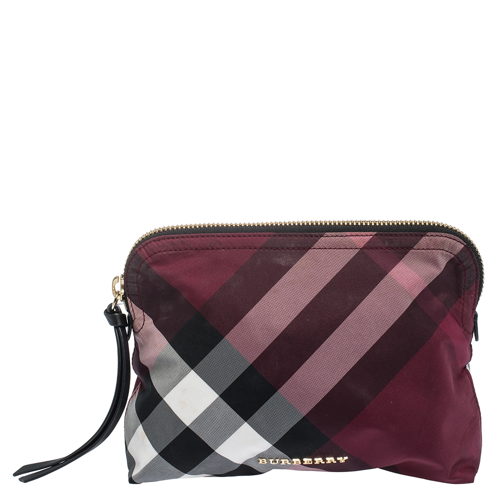مملوكة مسبقًا Burberry Plum Check Nylon Zip Cosmetic Pouch
