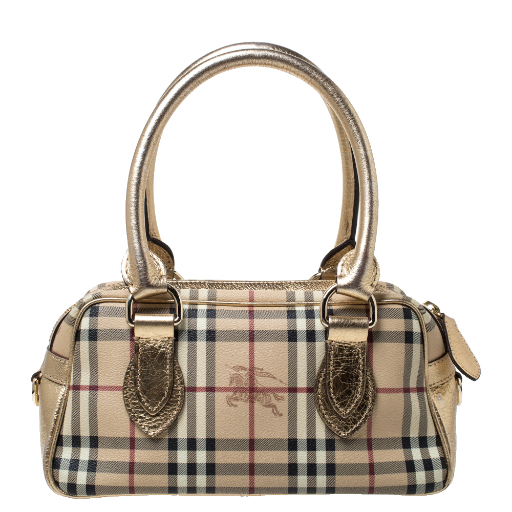 Pre Owned Burberry Gold/Beige Haymarket Check PVC and Patent Leather Bowler Bag