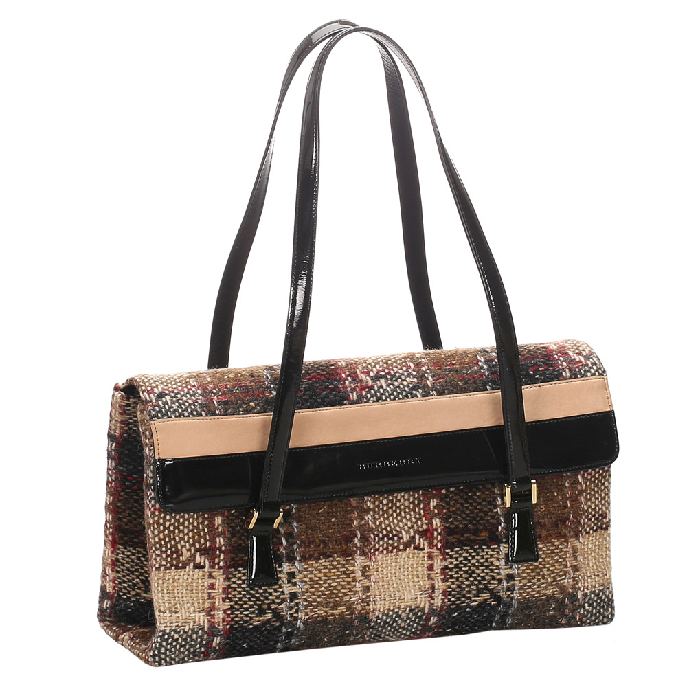 

Burberry Brown Plaid Wool Leather Shoulder Bag, Beige