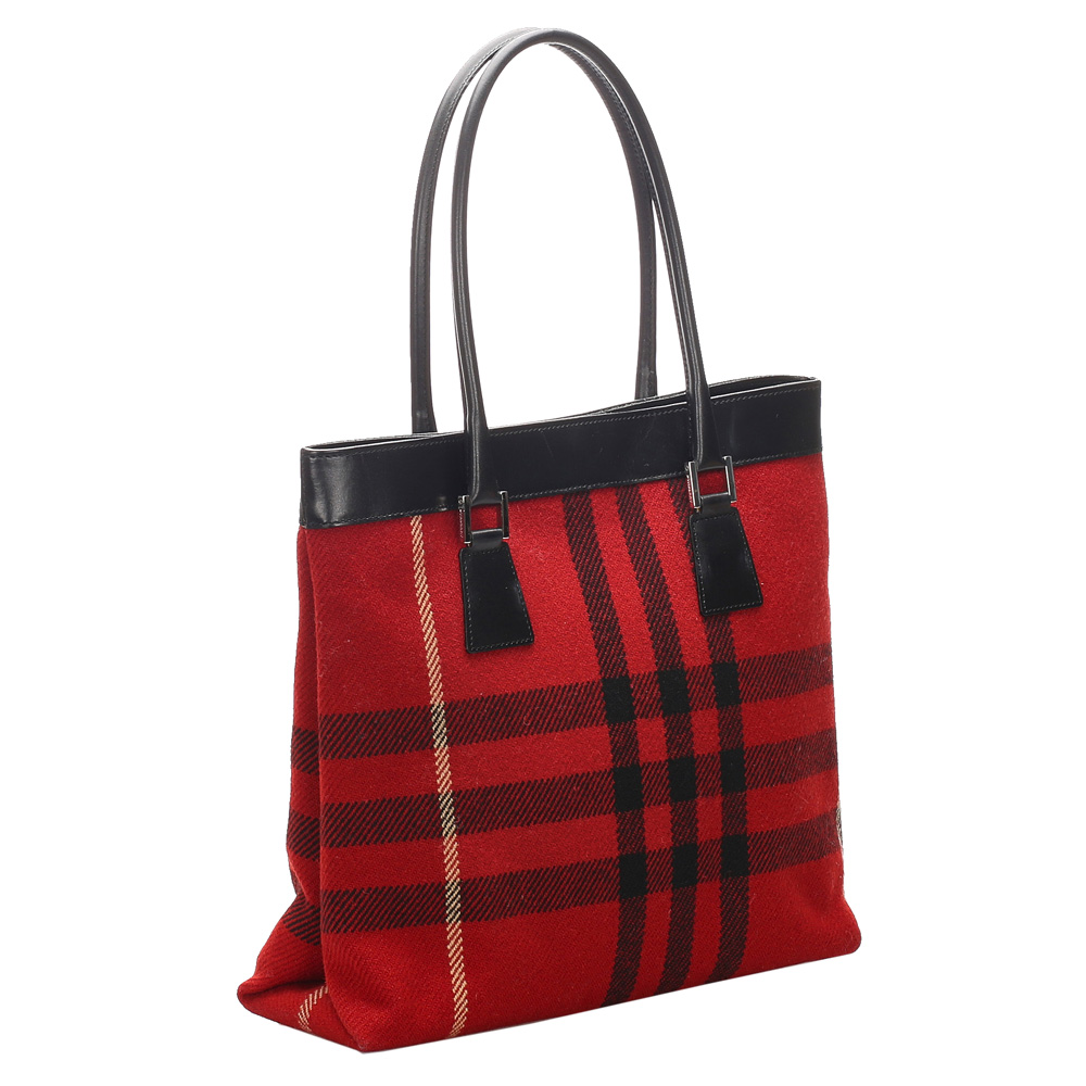 

Burberry Red Plaid Wool Leather Tote Bag, Multicolor