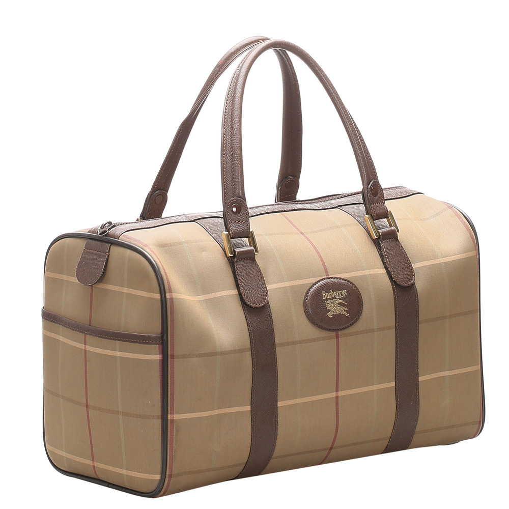 

Burberry Brown Plaid Canvas Leather Boston Bag