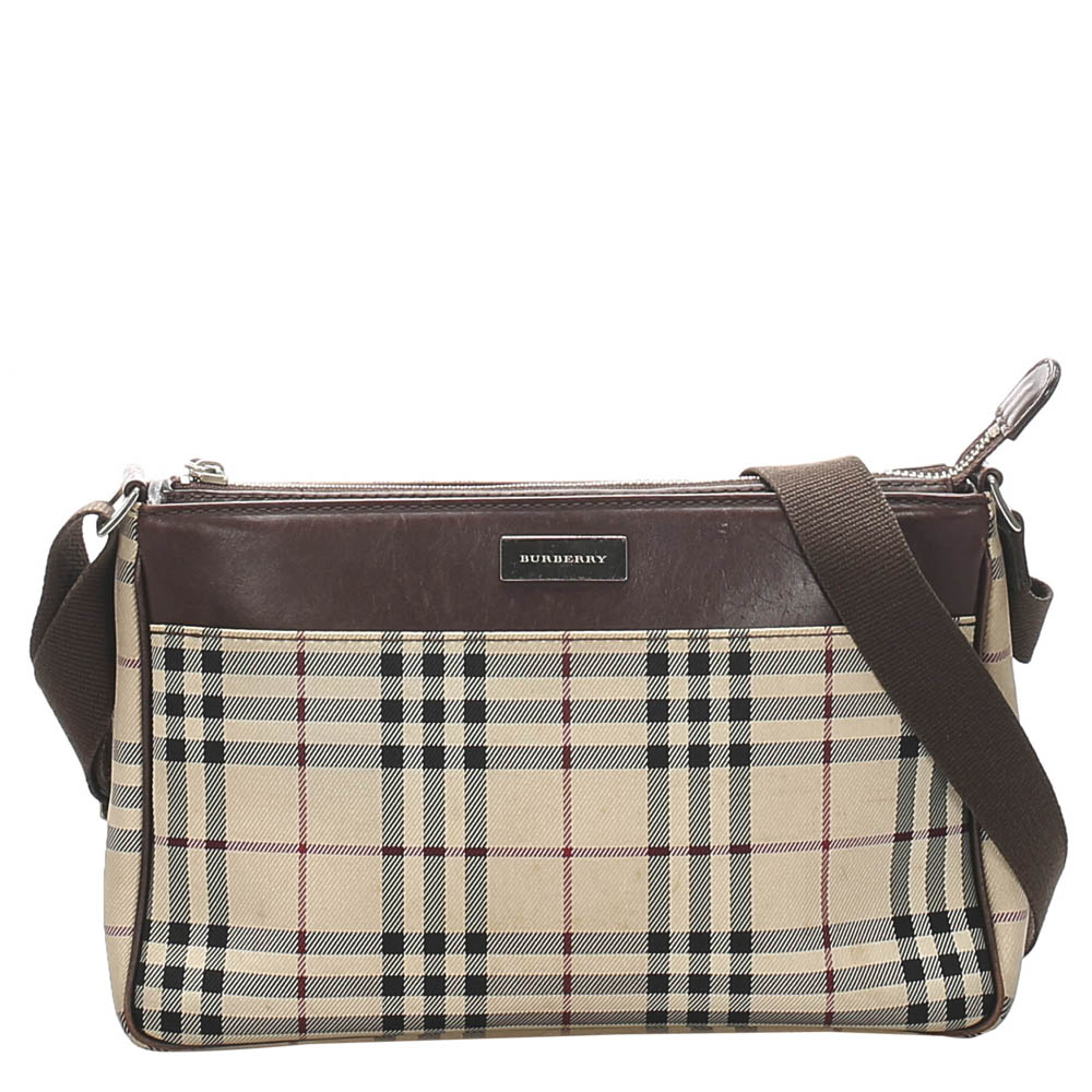BURBERRY BROWN/BEIGE HOUSE CHECK CANVAS CROSSBODY BAG